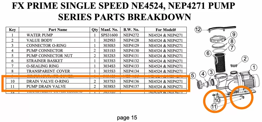 Replacement Part 2 (TWO) NEP4136 Pump Drain Valve and 2 (TWO) NEP4137 O-Ring