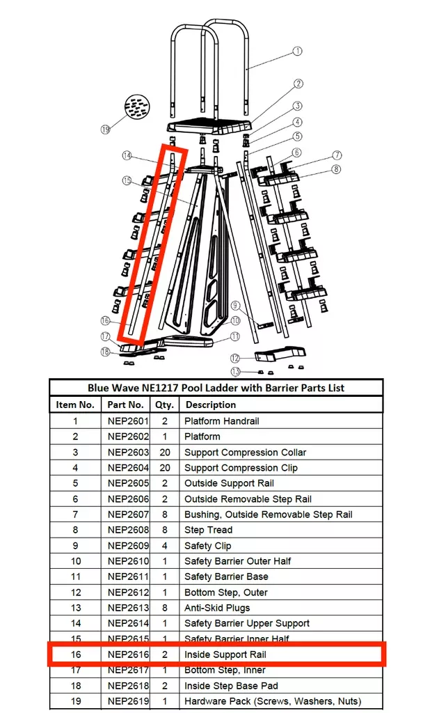 Replacement Part NEP2616 Inside Support Rail
