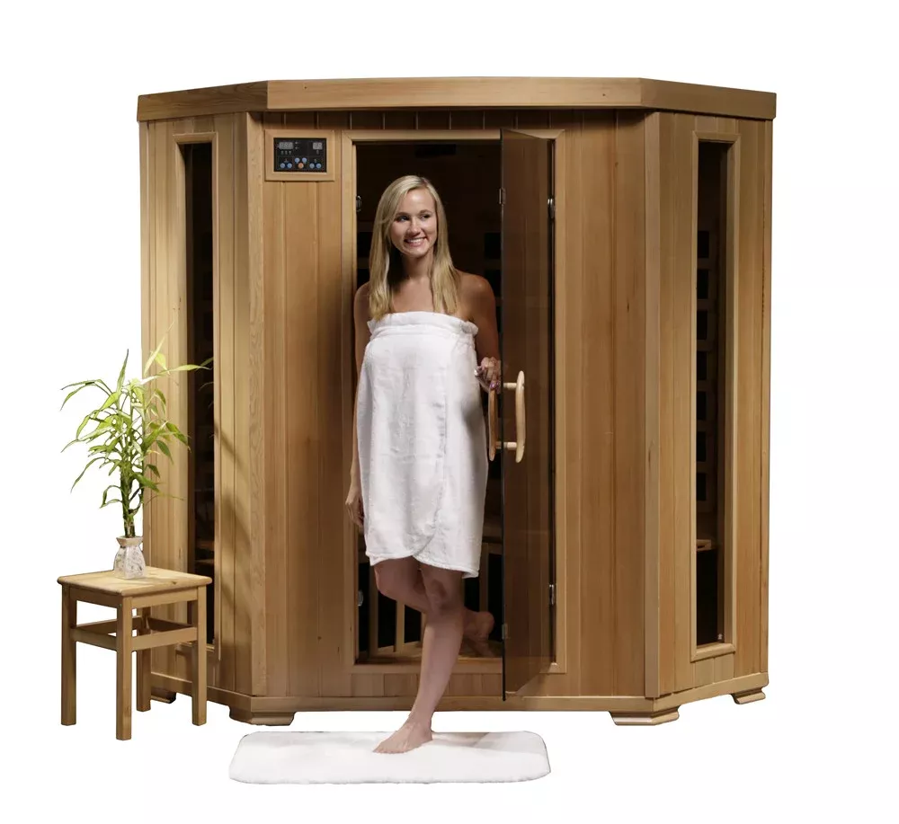 Tucson 4 Person Hemlock Corner Infrared Sauna with 10 Carbon Heaters